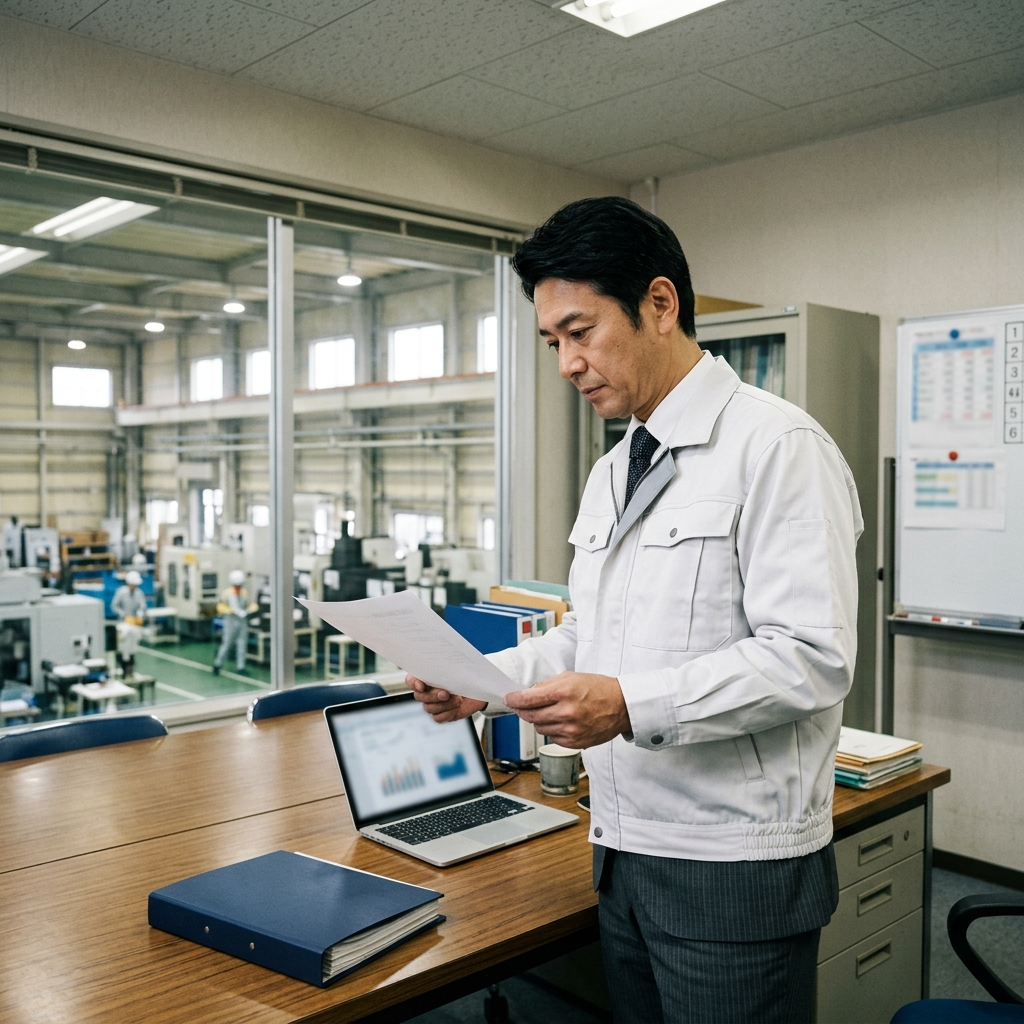 工場長・経営者が書面を確認する様子