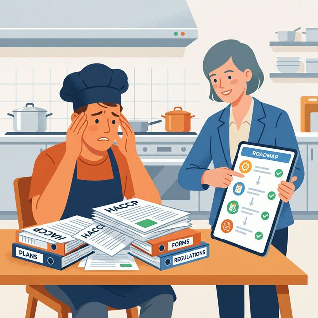 書類に悩むオーナーとアドバイスするコンサルタント